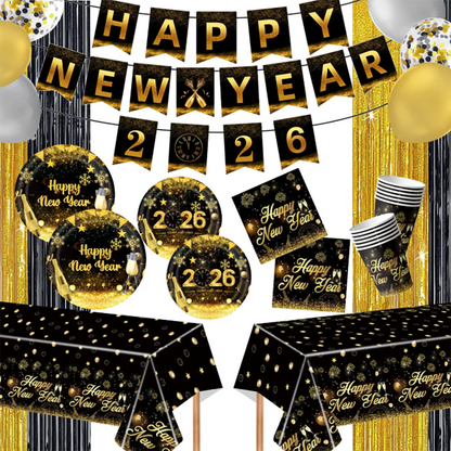 2026  Happy New Year Eve Party Decorations Black And Gold Disposable Tableware 2026 Number Balloons Family Gathering Backdrop