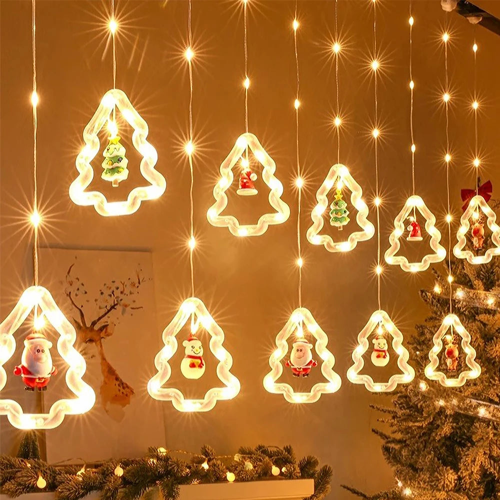Christmas Decorations LED Curtain String Lights Cute Xmas Tree Santa Claus Pendants Lamp for Home Garden Party New Year Decor