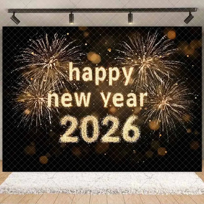 2026  Happy New Year Eve Party Decorations Black And Gold Disposable Tableware 2026 Number Balloons Family Gathering Backdrop