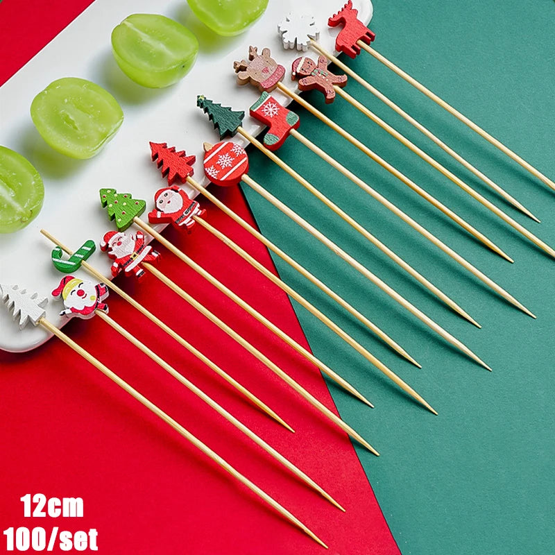 Christmas And New Year Disposable Fruit Sticks Fruit Forks Creative Art Toothpicks (100 Sticks Per Pack)