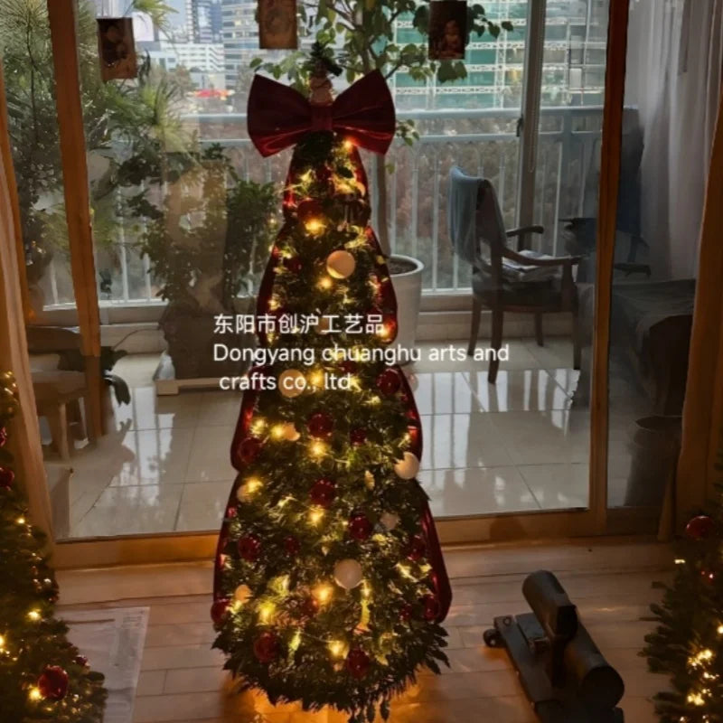 Foldable Christmas Tree 1.2-2.1m with Lights And Large Bows Portable Home Decorative Mini Christmas Tree