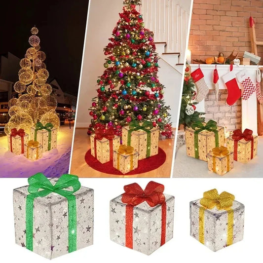 3PCS Set Christmas Gift Box Christmas Decor Luminous Bow Holiday Lighted Up Christmas Tree Holiday Party Indoor Outdoor Decor