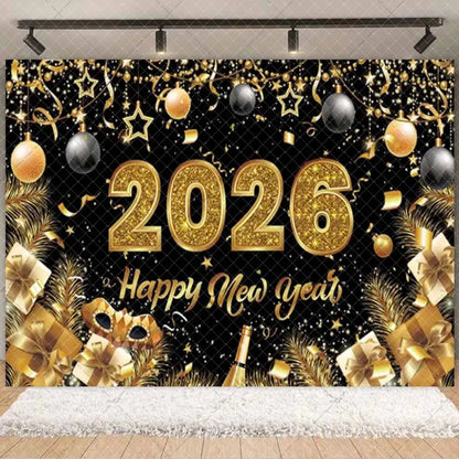 2026  Happy New Year Eve Party Decorations Black And Gold Disposable Tableware 2026 Number Balloons Family Gathering Backdrop