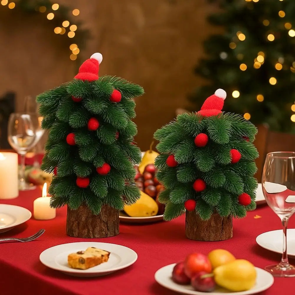Tower Shaped Christmas Tree Ornaments Lifelike Reusable Mini Christmas Tree Wooden Base Christmas Decorations