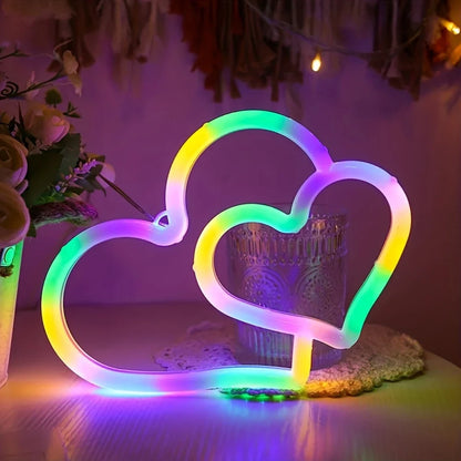 Double Heart Neon Wall Decor, USB/2A Battery Powered, Perfect for Bedroom, Kids' Room & Game Room Decoration, Unique Festival Gi