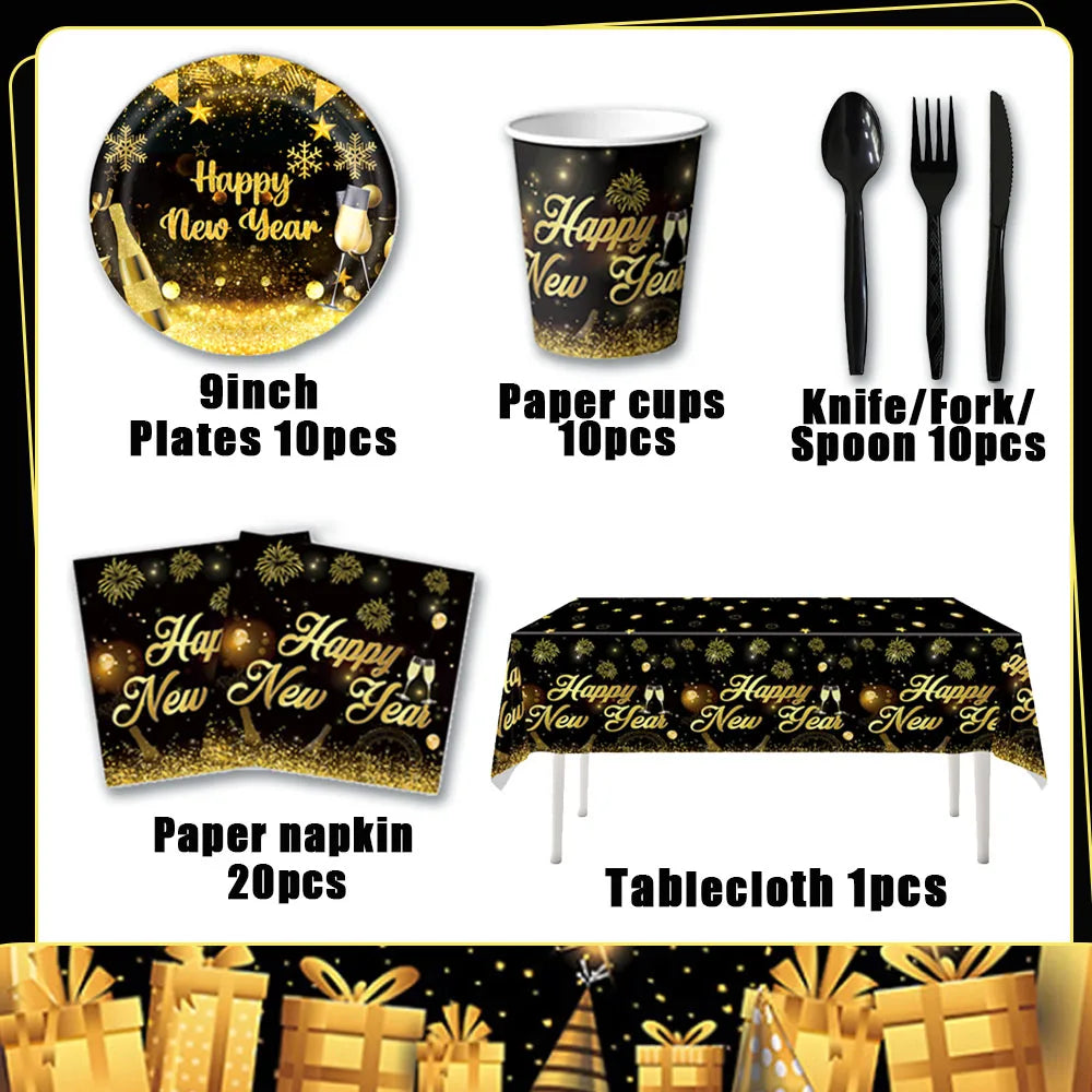 2026  Happy New Year Eve Party Decorations Black And Gold Disposable Tableware 2026 Number Balloons Family Gathering Backdrop