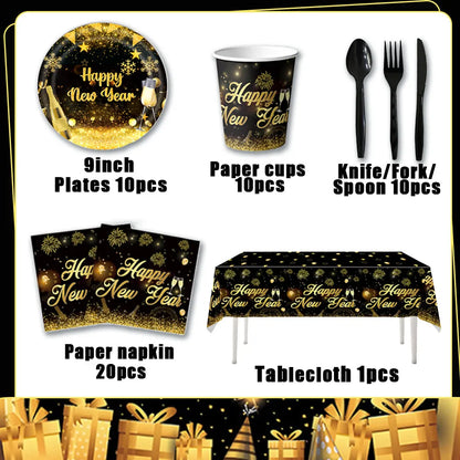 2026  Happy New Year Eve Party Decorations Black And Gold Disposable Tableware 2026 Number Balloons Family Gathering Backdrop