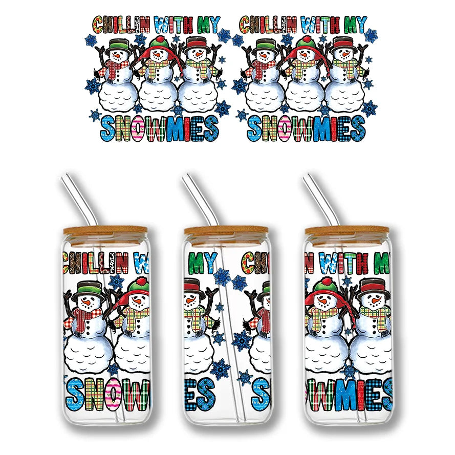 Christmas Design 3D UV DTF Wraps Stickers Cute Wraps .For 16 OZ Glass Libbey Selfadhesive Washable DIY Custom Cups Wrap Stickers