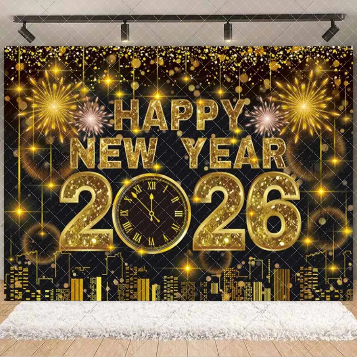 2026  Happy New Year Eve Party Decorations Black And Gold Disposable Tableware 2026 Number Balloons Family Gathering Backdrop