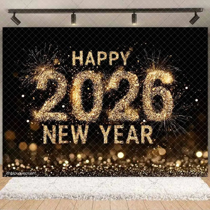 2026  Happy New Year Eve Party Decorations Black And Gold Disposable Tableware 2026 Number Balloons Family Gathering Backdrop