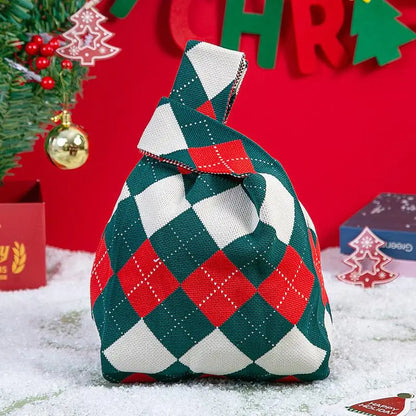 Christmas Festival Knitted Gift Bag Handheld Candy Bag Women Mini Knot Wrist Bag Cute Knitted Tote Bag Reusable Shopping Bags