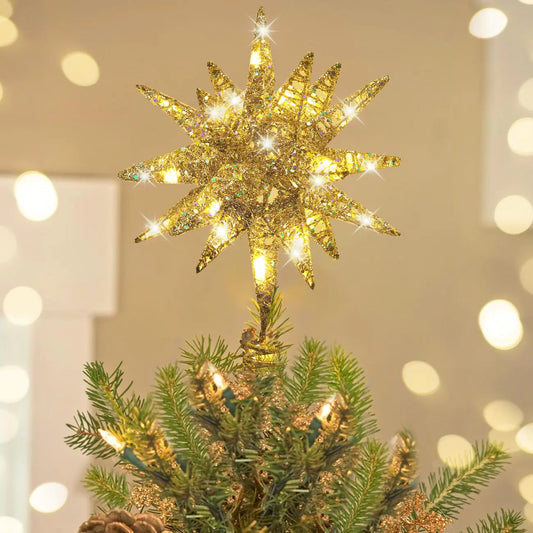 Luxspire Christmas Tree Topper 3D Star Lighted Tree Topper Christmas Decorations Plug in Tree Topper with Timer Light Up Xmas Vintage Modern Ornaments Decor Lights for Home Party Champagne Gold