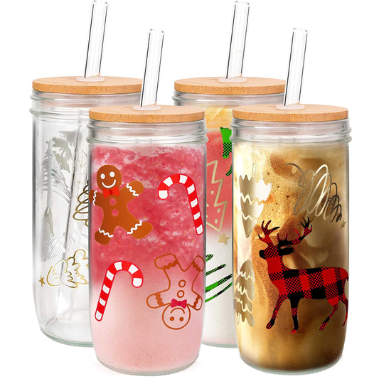 ANOTION Christmas Cups Colored Christmas Mugs Unique Teachers Gifts White Elephant Gifts for Adults Mason Jars Glass Cups with Lid and Straw Tumbler Drinking Glasses Coffee Cups Gifts for Women