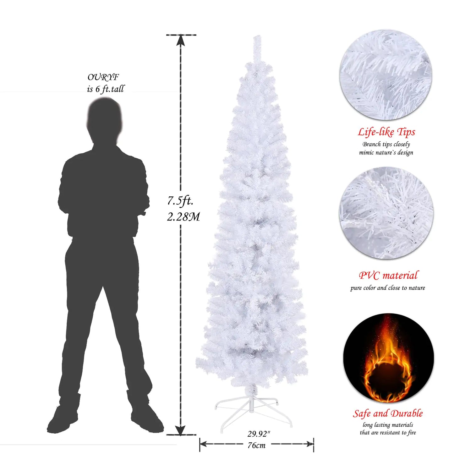 7.5 Feet White Slender Faux Christmas Tree Including Foldable Metal Stands