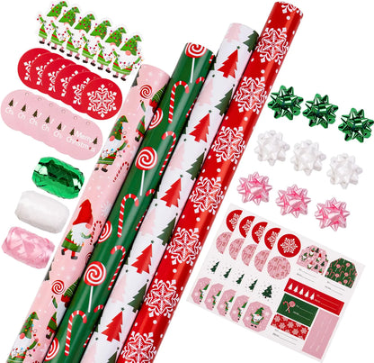 WRAPAHOLIC Christmas Wrapping Paper Set - Christmas Gnome Elf Holiday Collection Wrapping Paper Bundle with Gift Bow & Ribbon & Tag & Sticker