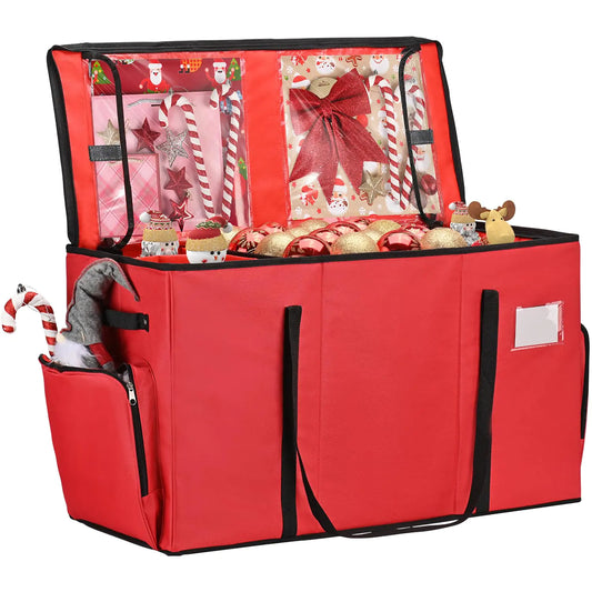 Irrantan 2-in-1 Christmas Ornament Storage Box & Xmas Figurine Container Premium Christmas Ornament Storage Container - Holds Up to 64pcs-3” Ornaments Adjustable Dividers 4 Individual Trays -Red